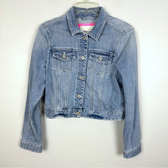 Abercrombie & Fitch Jean Jacket Womens Small Blue Cropped Distressed Denim Y2K - Picture 1 of 11